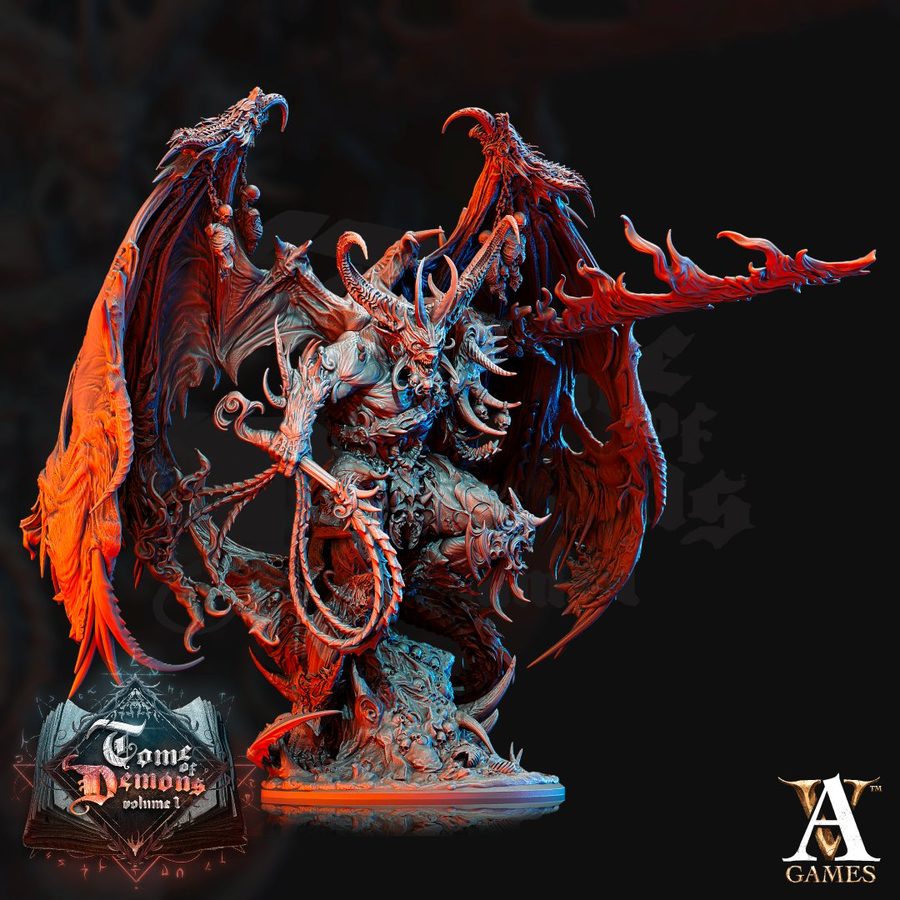 Armaros — large winged demon resin miniature with horns, skulls and flaming sword