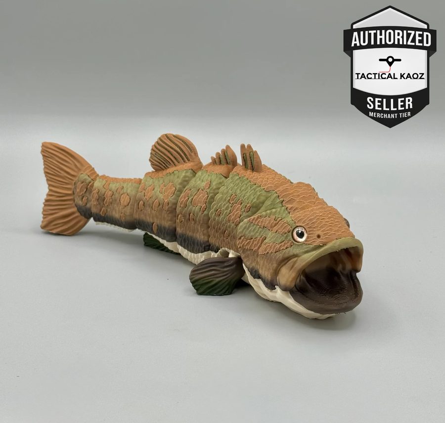 3D printed articulated bass fish with open mouth and green-bronze multicolour scales