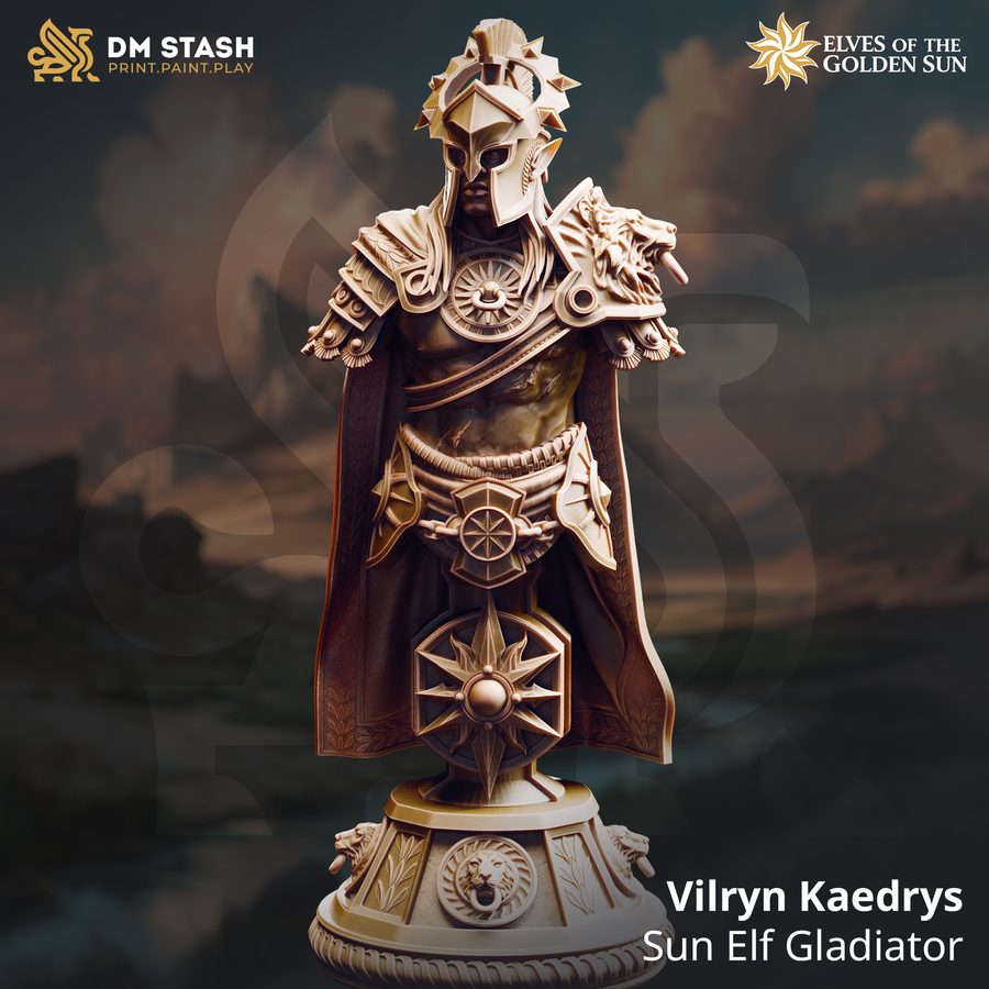 Vilryn Kaedrys — sun elf gladiator paintable resin bust with ornate helmet and lion-headed pauldron
